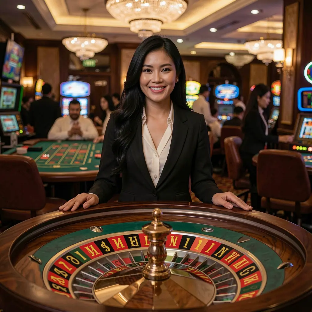 Smiling live casino dealer at a modern roulette table with vibrant lights and a cinematic casino atmosphere representing the premium live gaming experience on 77CUCI Malaysia