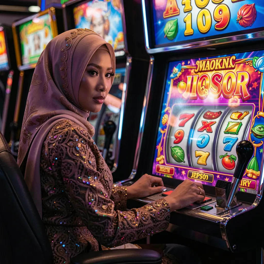 Stylish woman playing a modern slot machine in a vibrant casino atmosphere showcasing the premium gaming experience at 77CUCI for Malaysian players